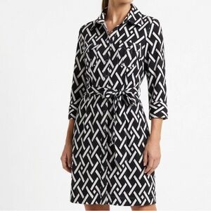 WHITE HOUSE BLACK MARKET Black White Geometric Print Shirt Dress Size 8